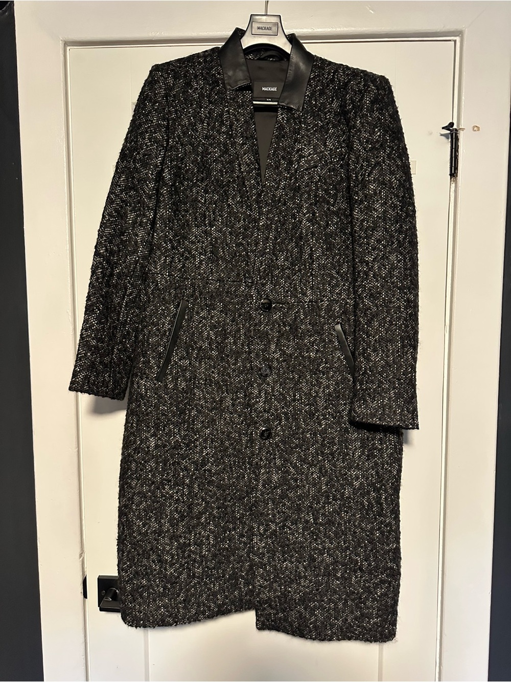 Mackage Womenβs Black and Gray Tweed Long Trench Coat with Leather Trim